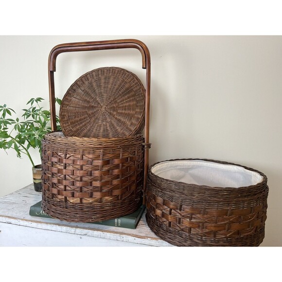 Vintage 2-Tier Chinese Asian Wedding Basket Woven Wicker Rattan Bamboo/Cane Boho - Picture 8 of 12
